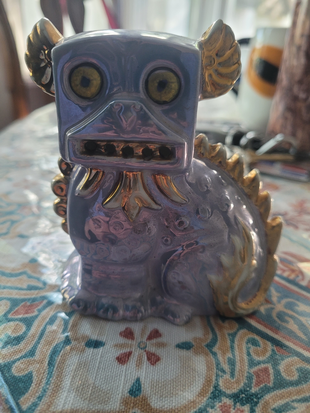 Purple and Gold Ceramic Foo Dog Figurine